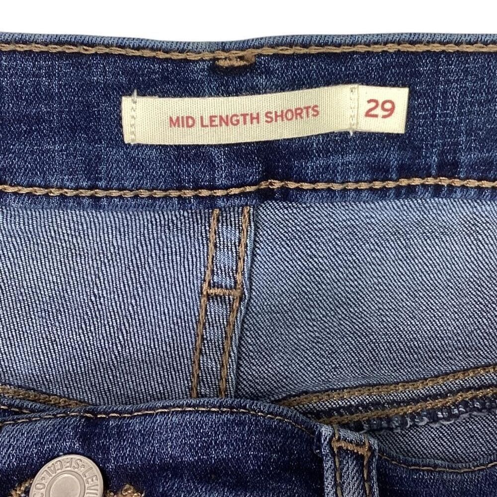 Levis Denim Shorts Womens 29 Blue Mid Length Rolled Cuff Stretch Distressed - Picture 6 of 9
